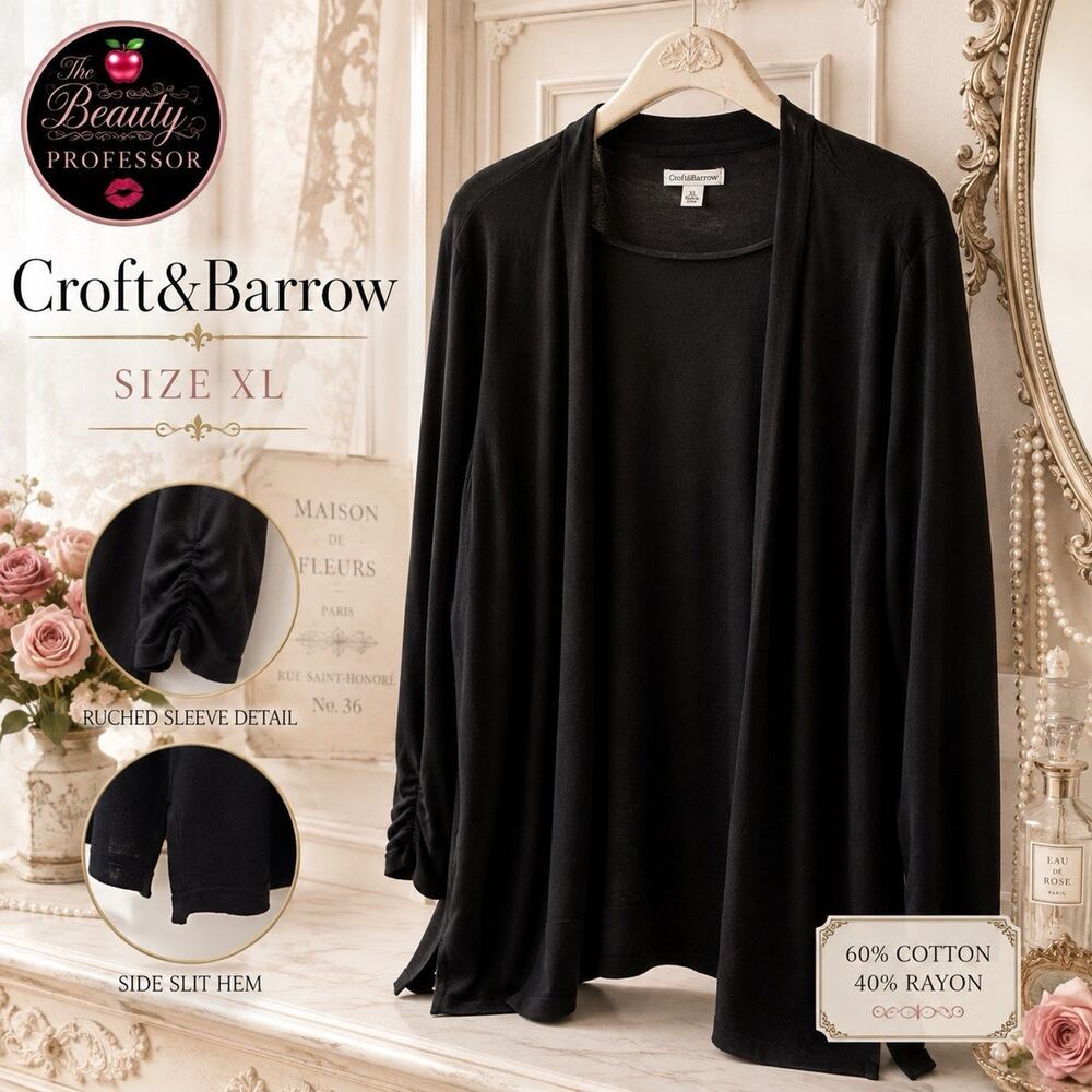 💞 Croft & Barrow Black Open Front Cardigan XL Ruched Sleeve Cotton Rayon